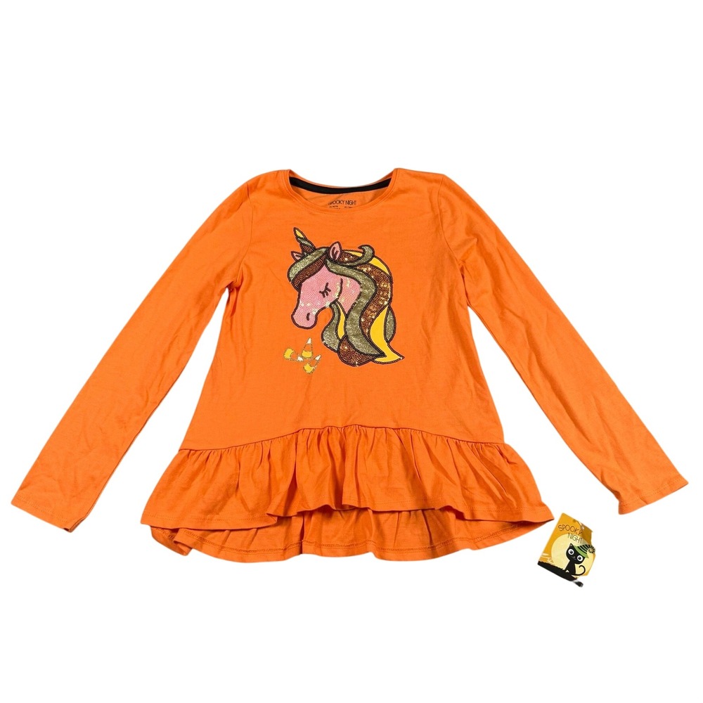 Spooky Night Girls M 7/8 Top Orange Halloween Sequin Unicorn Peplum Ruffle New